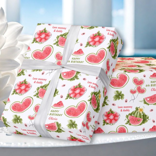 Papier Cadeau Pastèque rose Eté Anniversaire Nom Texte (Pink Watermelon Summer Birthday Name Text Wrapping Paper)