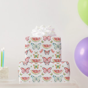 Papier Cadeau Pastèque verte rouge Papillons bleus Anniversaire
