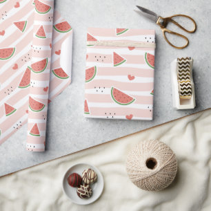 Papier Cadeau Pastèques rouges, Coeurs, Grandes Pâtes, Motif d'é