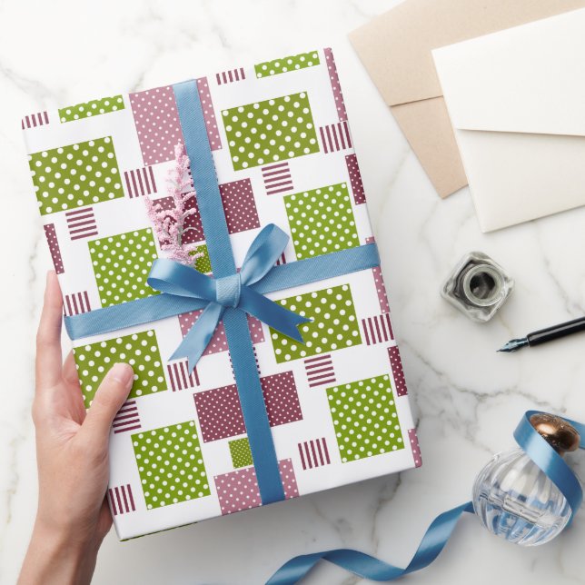 Papier Cadeau Patchwork brun vert pois dos blanc (Cadeaux)