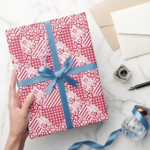 Papier Cadeau Patchwork rouge et blanc rustique