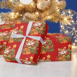 Papier Cadeau Patchwork Tigre de Noël avec arbre de Noël