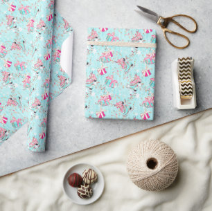 Papier Cadeau Patins et cadeaux de Noël Pink & Aqua