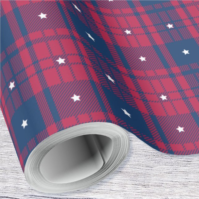 Papier Cadeau Patriotique avec étoiles-Rouge-Blanc-Bleu (Patriotic Plaid with Stars-Red-White-Blue Wrapping Paper Rolls by Leapfroglisics Shop)