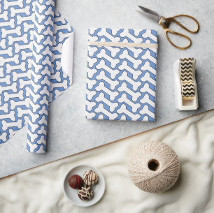 Papier Cadeau Patte d'os blanc sur bleu personnalisé