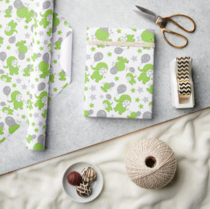 Papier Cadeau Pattern of Green Elephants, Cute Elephants, stars