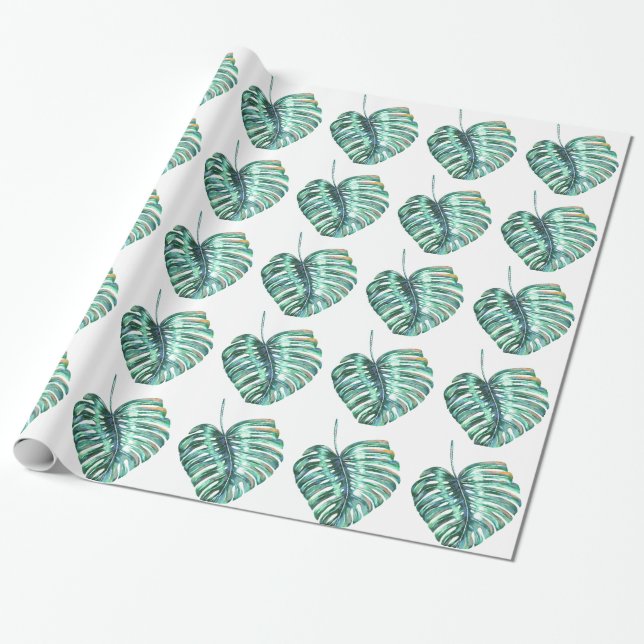 Papier Cadeau Paume verte de feuille de monstera tropicale (Déroulé)