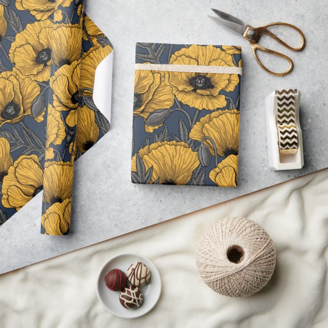Papier Cadeau Pavot jaune sur la marine (Artisanat)