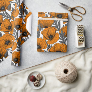 Papier Cadeau Pavot orange sur blanc