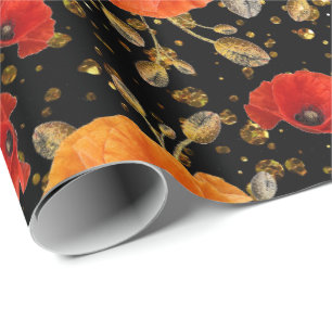 Papier Cadeau Pavot Rouge Fleur Glam Black Gold Confetti