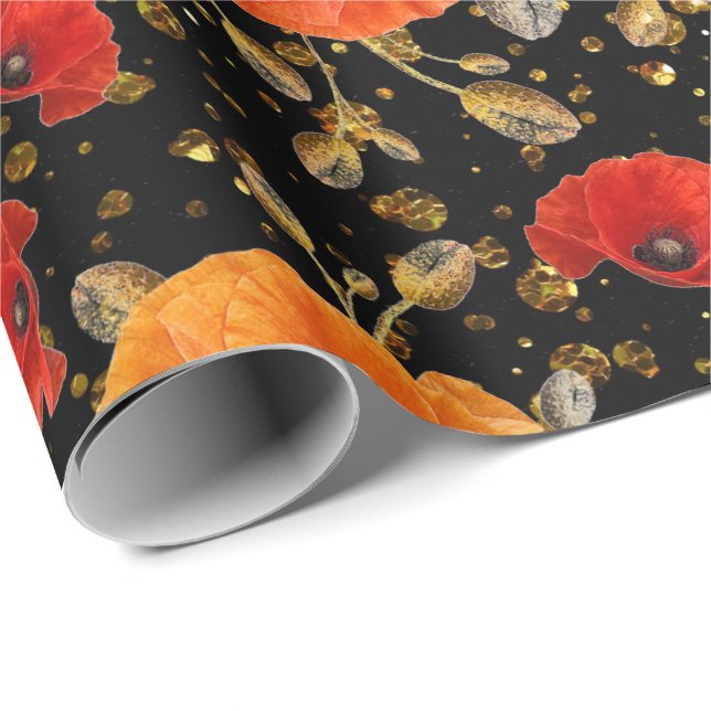 Papier Cadeau Pavot Rouge Fleur Glam Black Gold Confetti (Coin rond)
