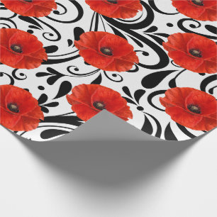 Papier Cadeau Pavot Rouge Fleur Noir Blanc Glam Stripes Chic