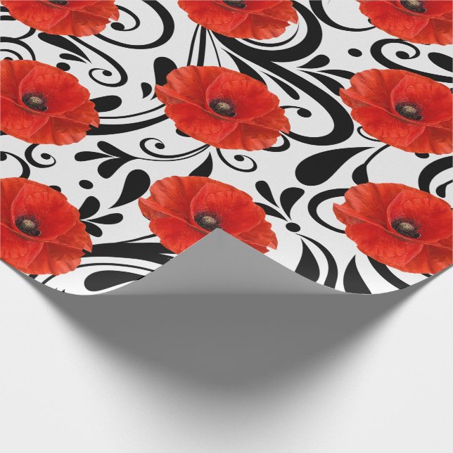 Papier Cadeau Pavot Rouge Fleur Noir Blanc Glam Stripes Chic (Coin)