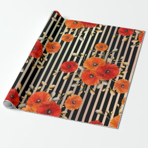 Papier Cadeau Pavot Rouge Fleur Noir Blanc Glam Stripes Métalliq