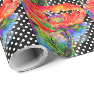Papier Cadeau Pavot rouge pois noirs et blancs