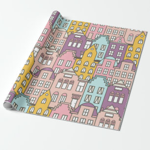 Papier Cadeau Pays-Bas maisons ensemble main dessiné sans coutur