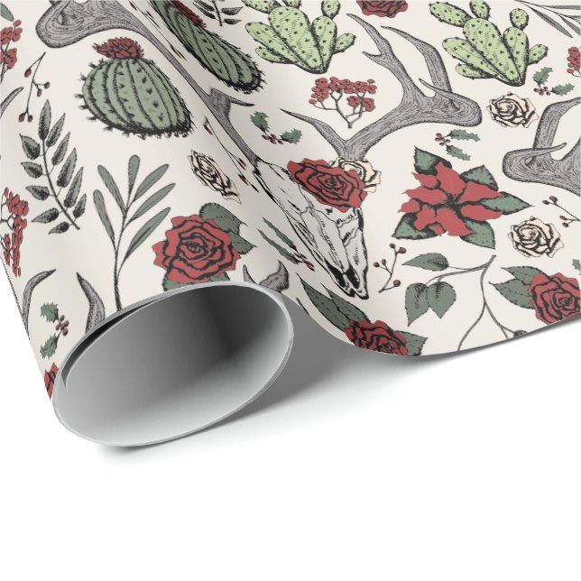 Papier Cadeau Pays Ouest Noël Floral Reindeer Crâne (Coin rond)
