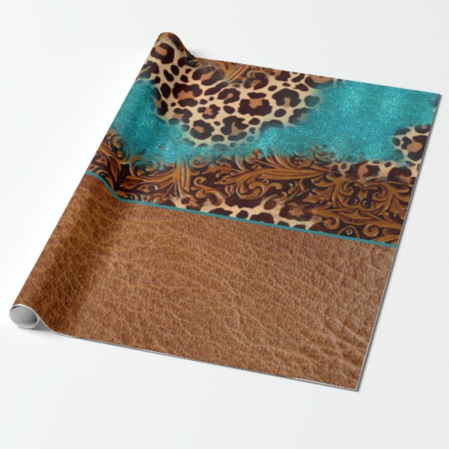 Papier Cadeau Pays Turquoise Leopard Brown Faux Cuir (Déroulé)