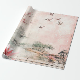 Papier Cadeau Paysage de sérénité aux cerisiers en fleurs roses