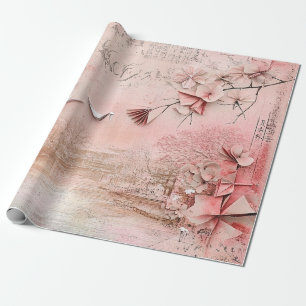 Papier Cadeau Paysage de sérénité aux cerisiers en fleurs roses
