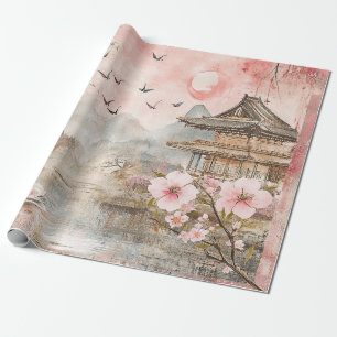 Papier Cadeau Paysage de sérénité aux fleurs de cerisier rose (4