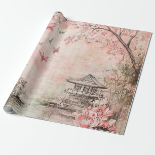 Papier Cadeau Paysage de sérénité aux fleurs de cerisier roses (