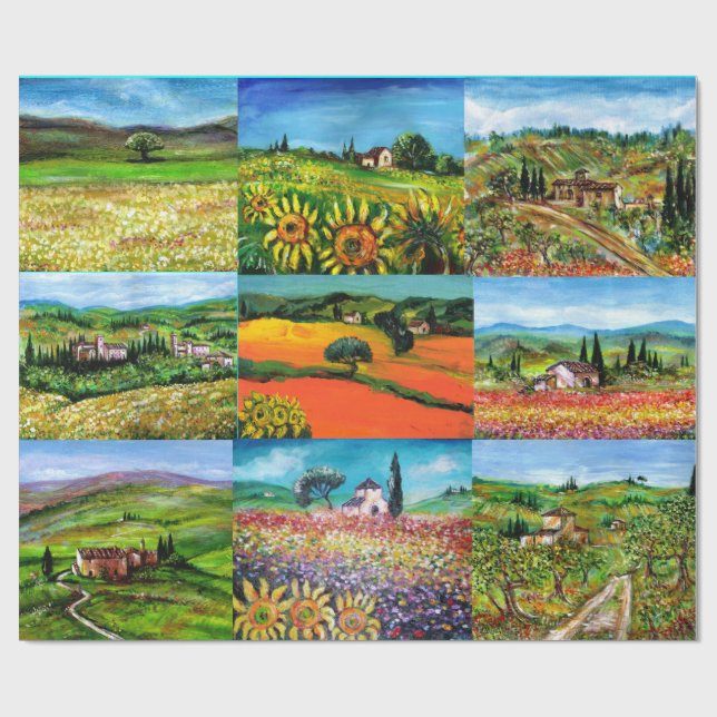 PAPIER CADEAU PAYSAGE DE TOSCANE DÉSOLLEURS, POPIES, CHAMPS DE F (Plat)