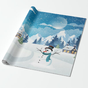 Papier Cadeau Paysage d'hiver du village du soir avec neige