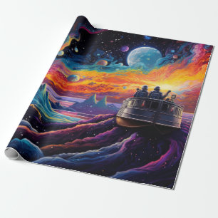 Papier Cadeau Paysage d'Imaginaire avec navire et planètes