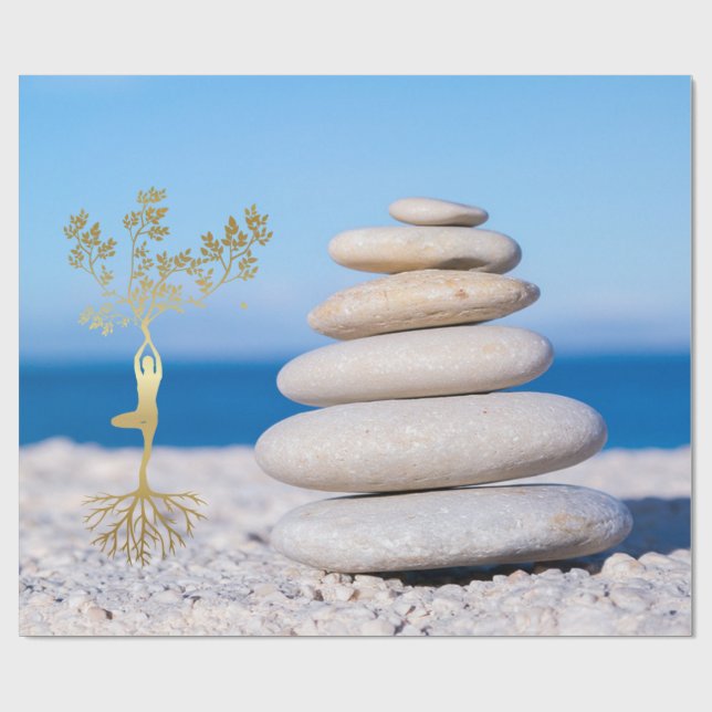Papier Cadeau Paysage, Pierres Zen, Silhouette Arbre Or (Plat)