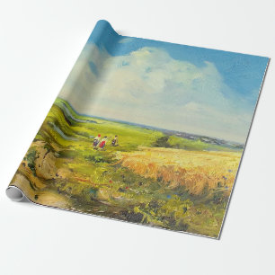 Papier Cadeau paysage rural avec des chiffres de personnes près 