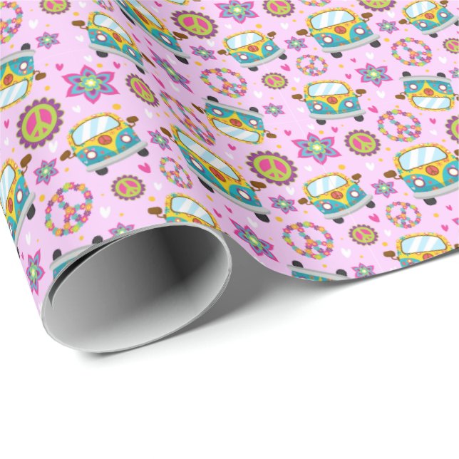 Papier Cadeau Peace and Love, Hippie Van Wrapping Paper (Coin rond)