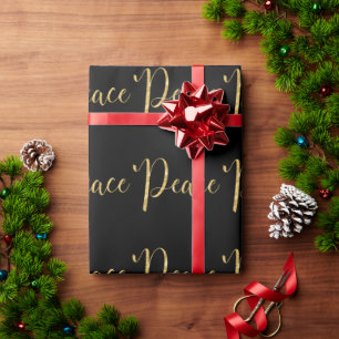 Papier Cadeau "Peace" Black Gold Script Élégant vacances