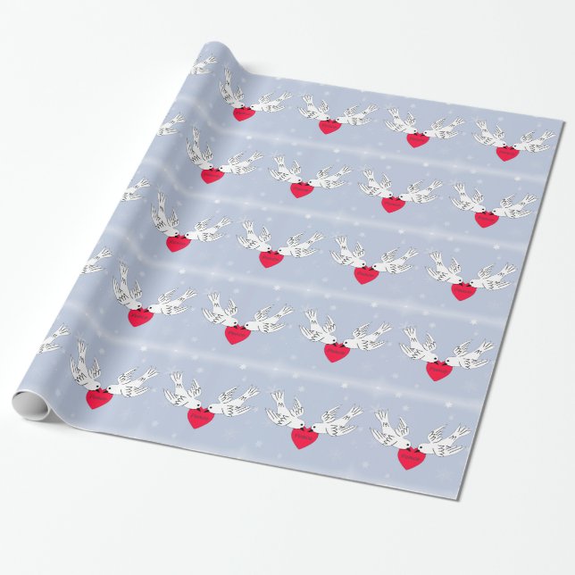 Papier Cadeau Peace Doves Heart Snowflakes Birds (Déroulé)