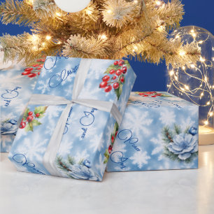 Papier Cadeau Peace & Joy Joyeux Noël Flocon de neige bleu