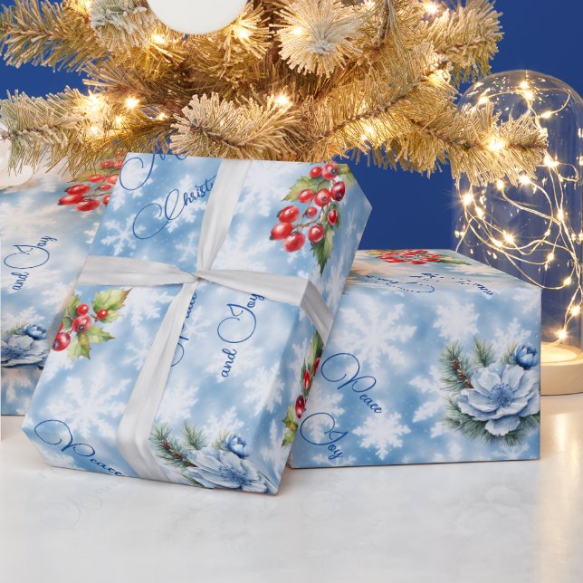 Papier Cadeau Peace & Joy Joyeux Noël Flocon de neige bleu (Vacances)