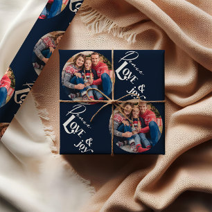 Papier Cadeau Peace Love Joy Elegant Typographie Bleu Photo