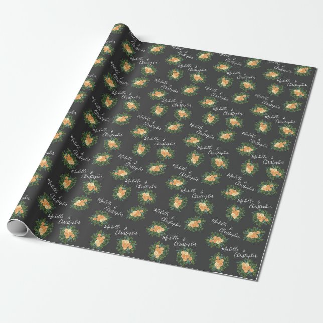 Papier Cadeau Peach Dark Grey Mariage Rose Floral (Déroulé)