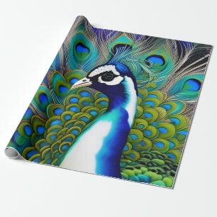 Papier Cadeau Peacock blanc bleu et vert Piebald