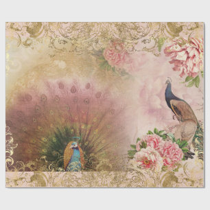 Papier Cadeau Peacock Blush rose Peony Floral Gold Decoupage