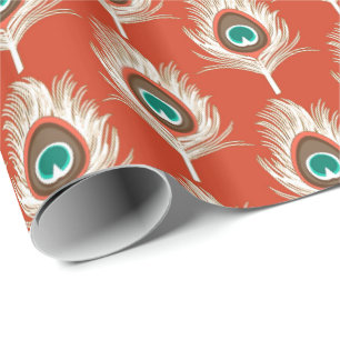 Papier Cadeau Peacock Feathers, Blanc sur Mandarin Orange