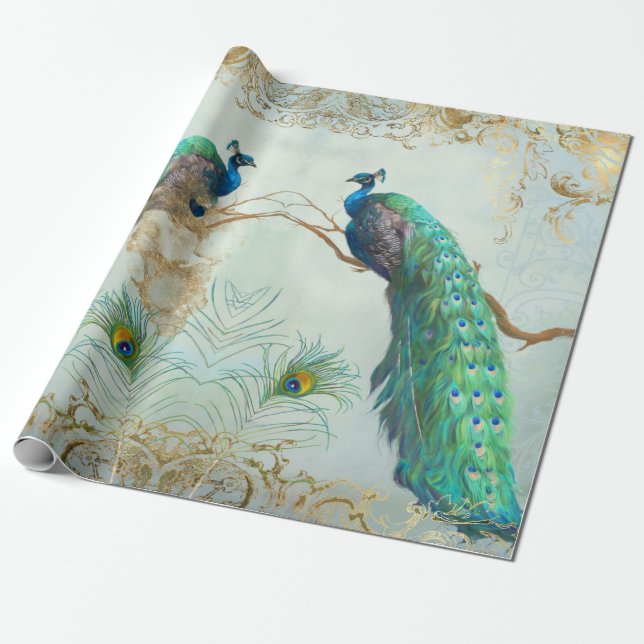 Papier Cadeau Peacock n Plumes Pair Blue Gold Decoupage (Déroulé)