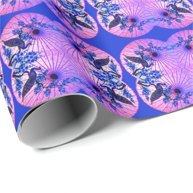 Papier Cadeau Peacock oriental parasol japonais rose bleu (Coin rond)