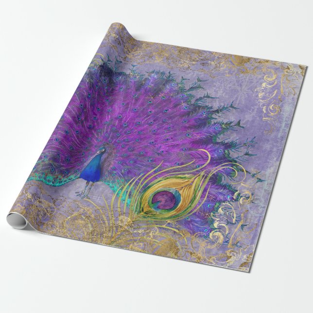 Papier Cadeau Peacock Purple Gold Rococo Déplacement (Déroulé)