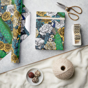 Papier Cadeau Peacocks dans le jardin rose 3