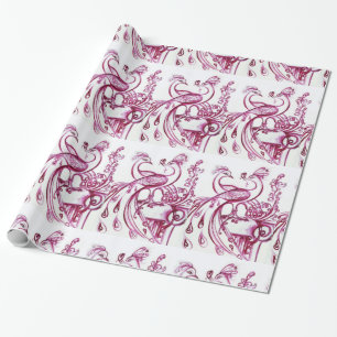 Papier Cadeau PEACOCKS EN AMOUR, Rouge violet blanc