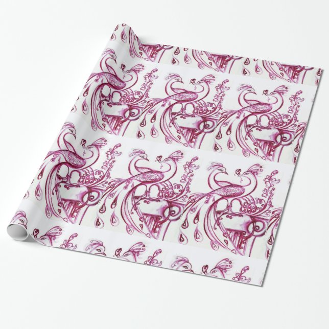 Papier Cadeau PEACOCKS EN AMOUR, Rouge violet blanc (Déroulé)