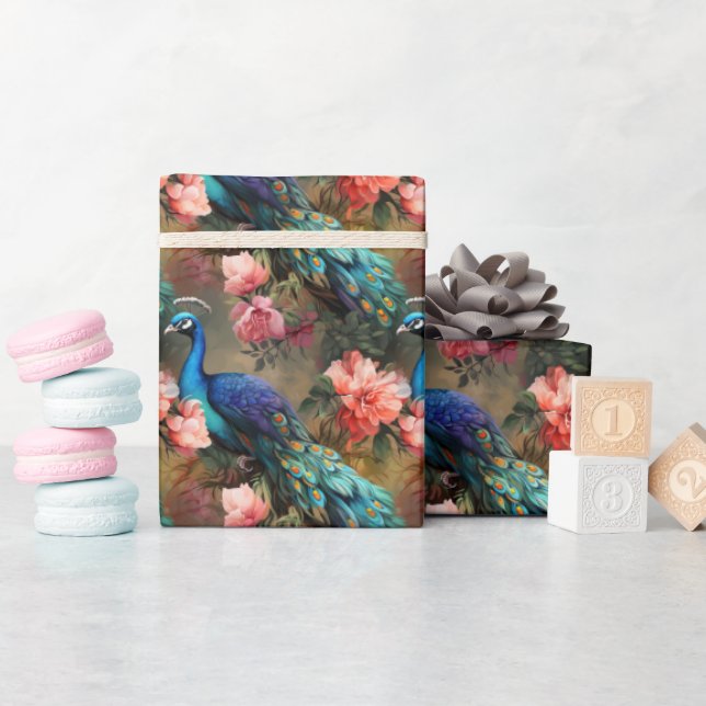 Papier Cadeau Peacocks et fleurs colorés - (Baby Shower)