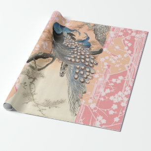 Papier Cadeau PEACOCKS, ROSE BLANC FLEURS SAKURA Japonais Floral