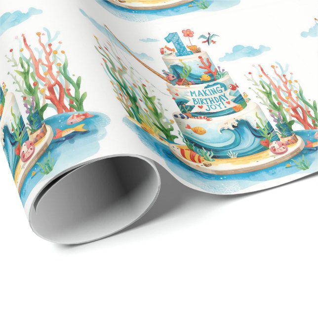 Papier Cadeau Pêche 1er anniversaire avec gâteau (Coin rond)